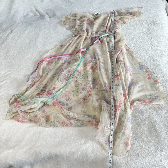 Jeri Modes Vintage 70s Sheer Chiffon Floral Midi Dress Womens M‎ Pink Tie Waist - Picture 8 of 12